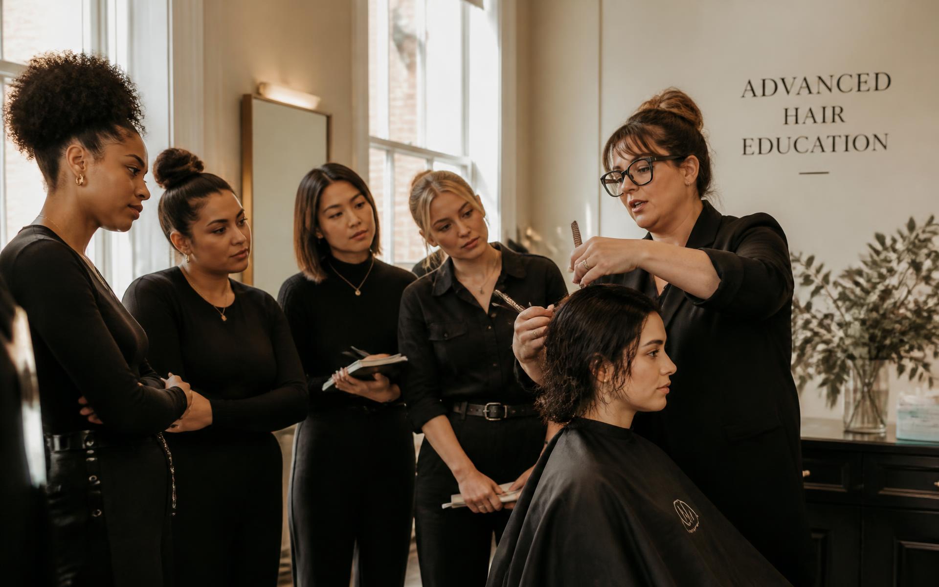 An instructor demonstrating advanced technique to beauty professionals during an Academy course